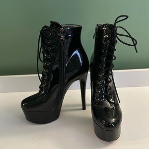 Black Patent Leather High Heel Lace Up Boots